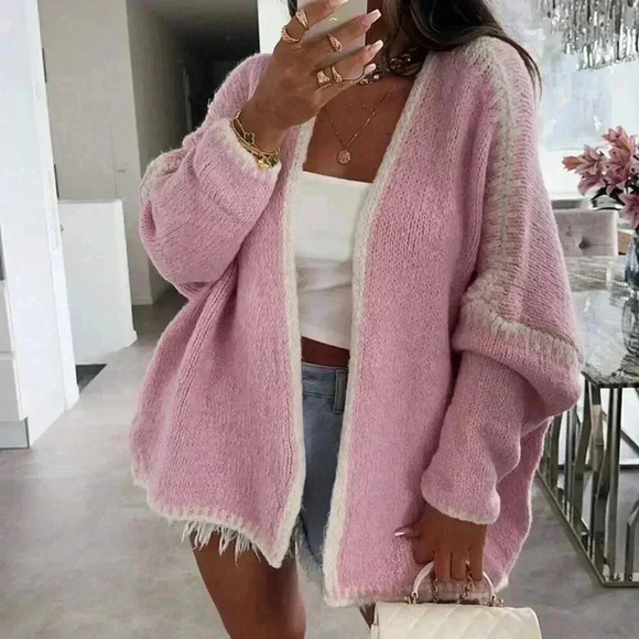 Statement Stylish oversized Knit Sweater Cardigan Pink - Picture 2 of 3